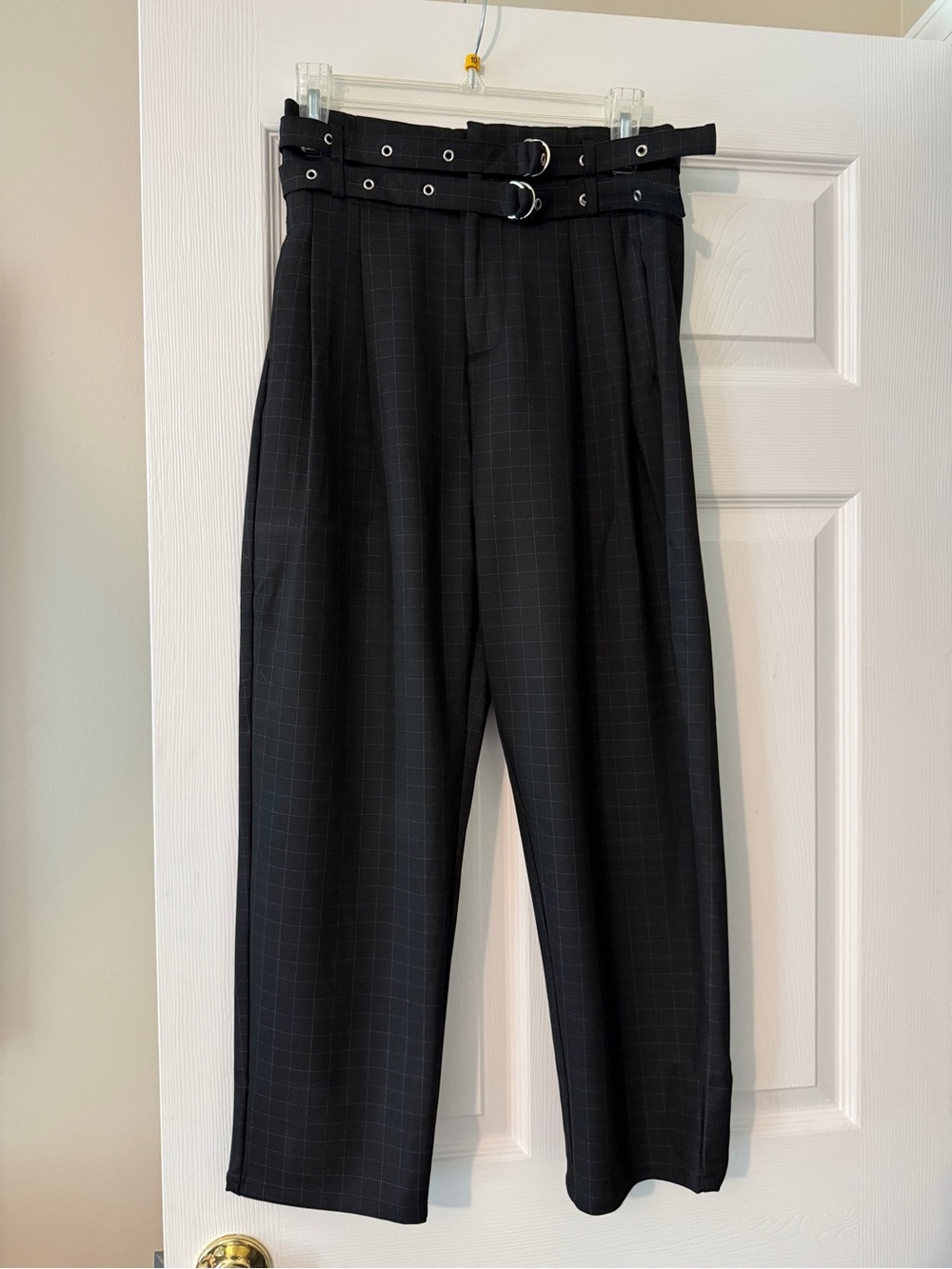 S.DEER Black Windowpane Pleated Cigar Dress Pants with Double Belt